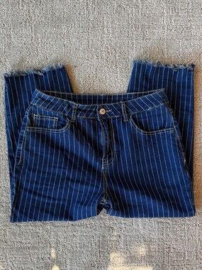 Women’s Pinstripe Skinny Jeans Size 8 Raw Hem Blue Stretch Denim